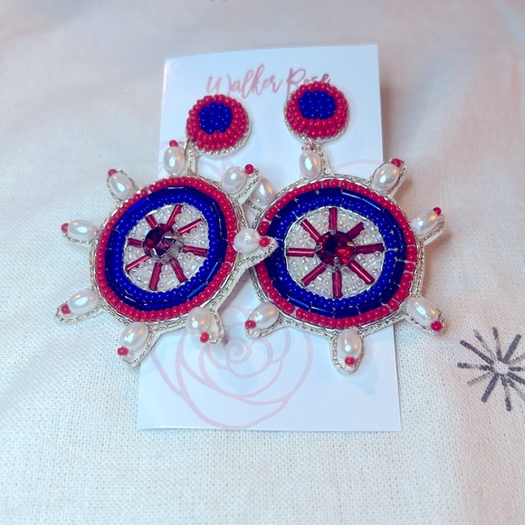 Red, White,& Blue Ship Wheel Beaded Earrings *NEW* - Picture 2 of 6